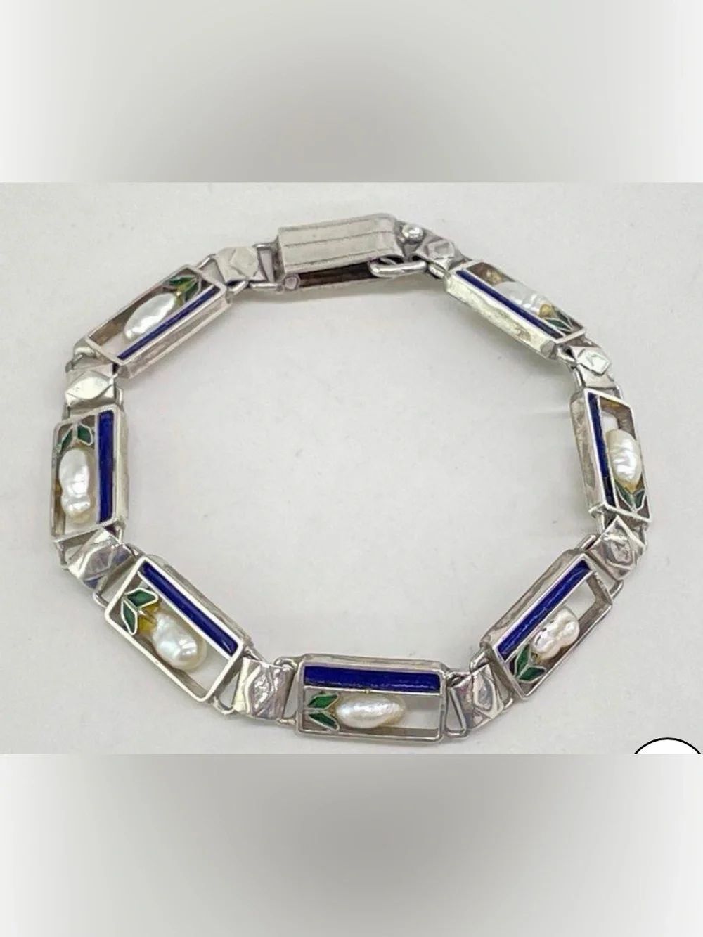 Sterling Silver Blue Enamel Pearl Link Bracelet